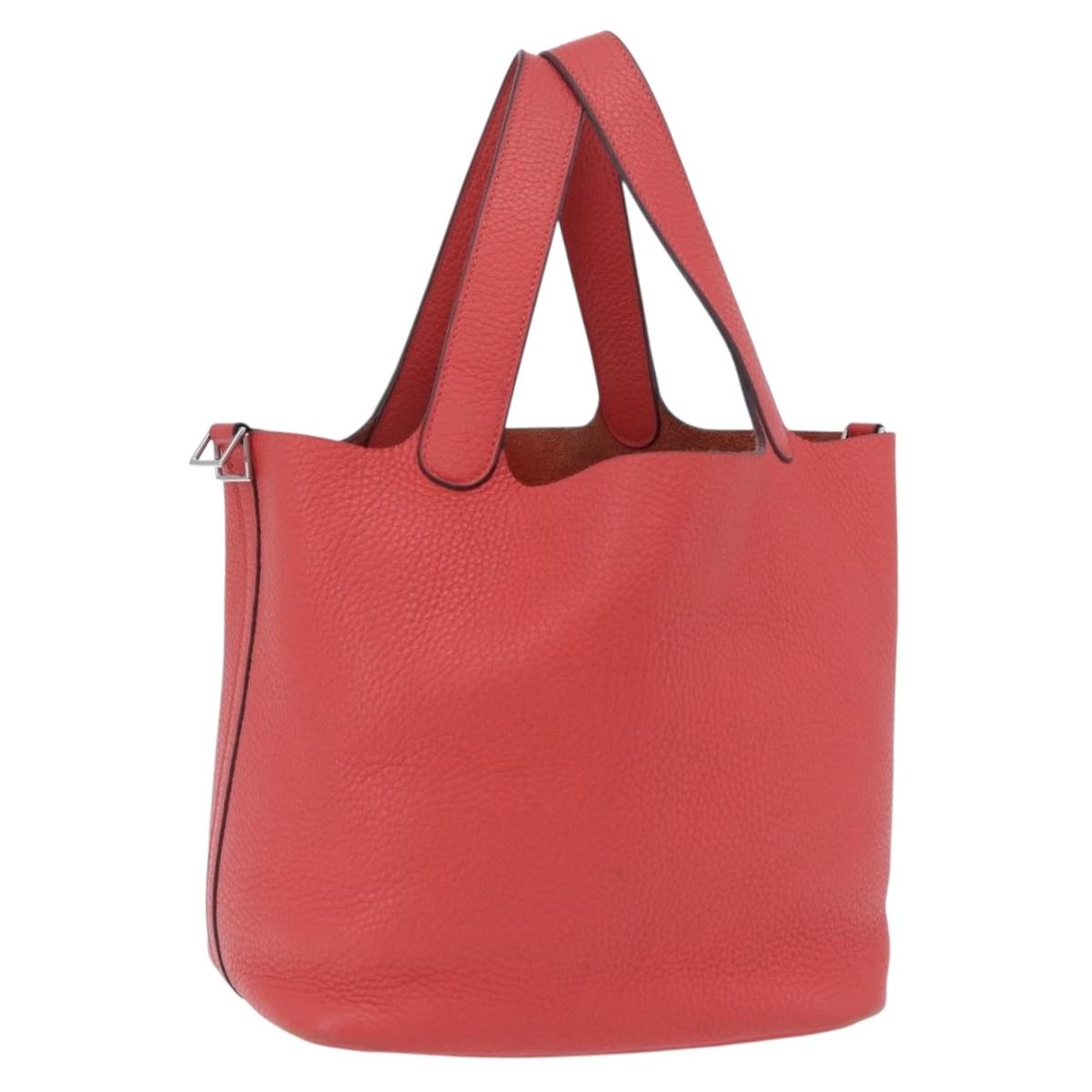 HERMES Pico Tan Lock MM Hand Bag Leather Pink Silver Auth 203257SAM