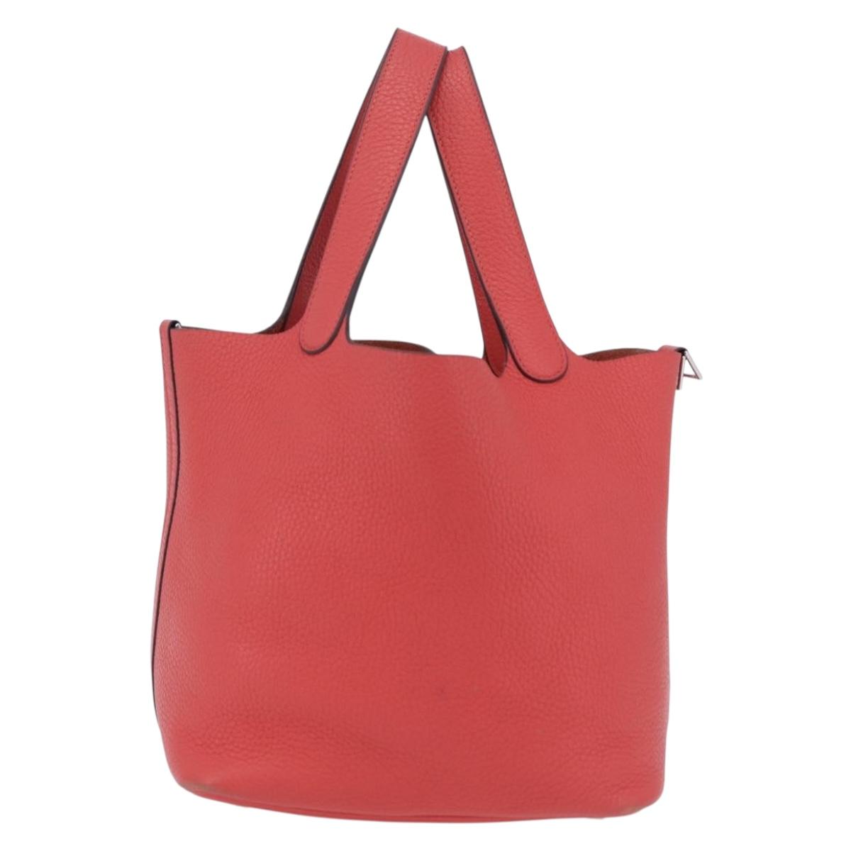 HERMES Pico Tan Lock MM Hand Bag Leather Pink Silver Auth 203257SAM