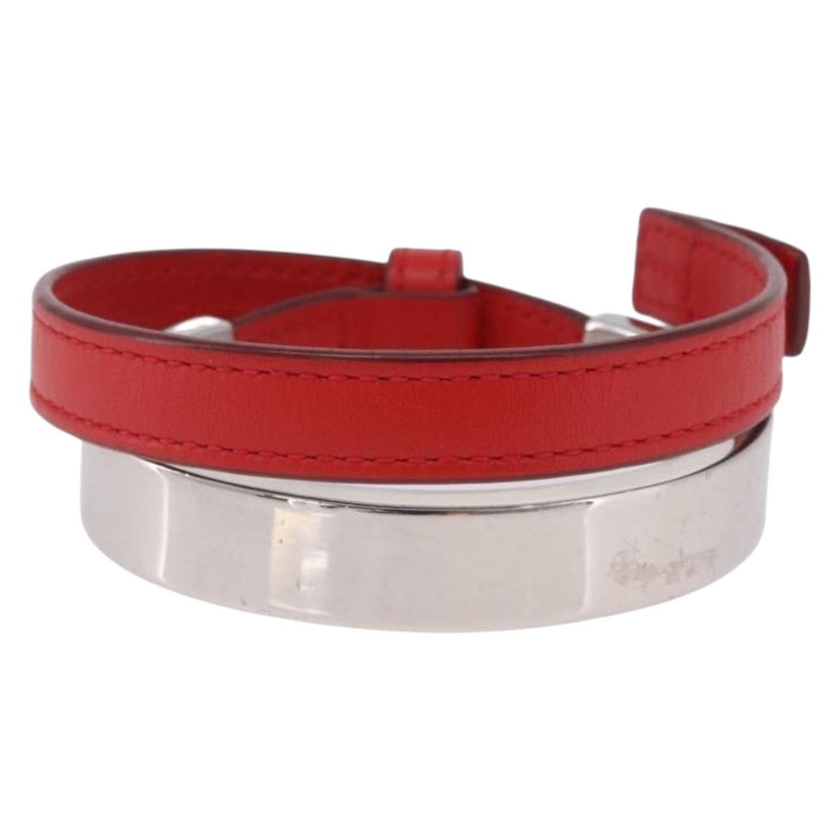 LOEWE Bangle Leather Red Silver Auth 203313A