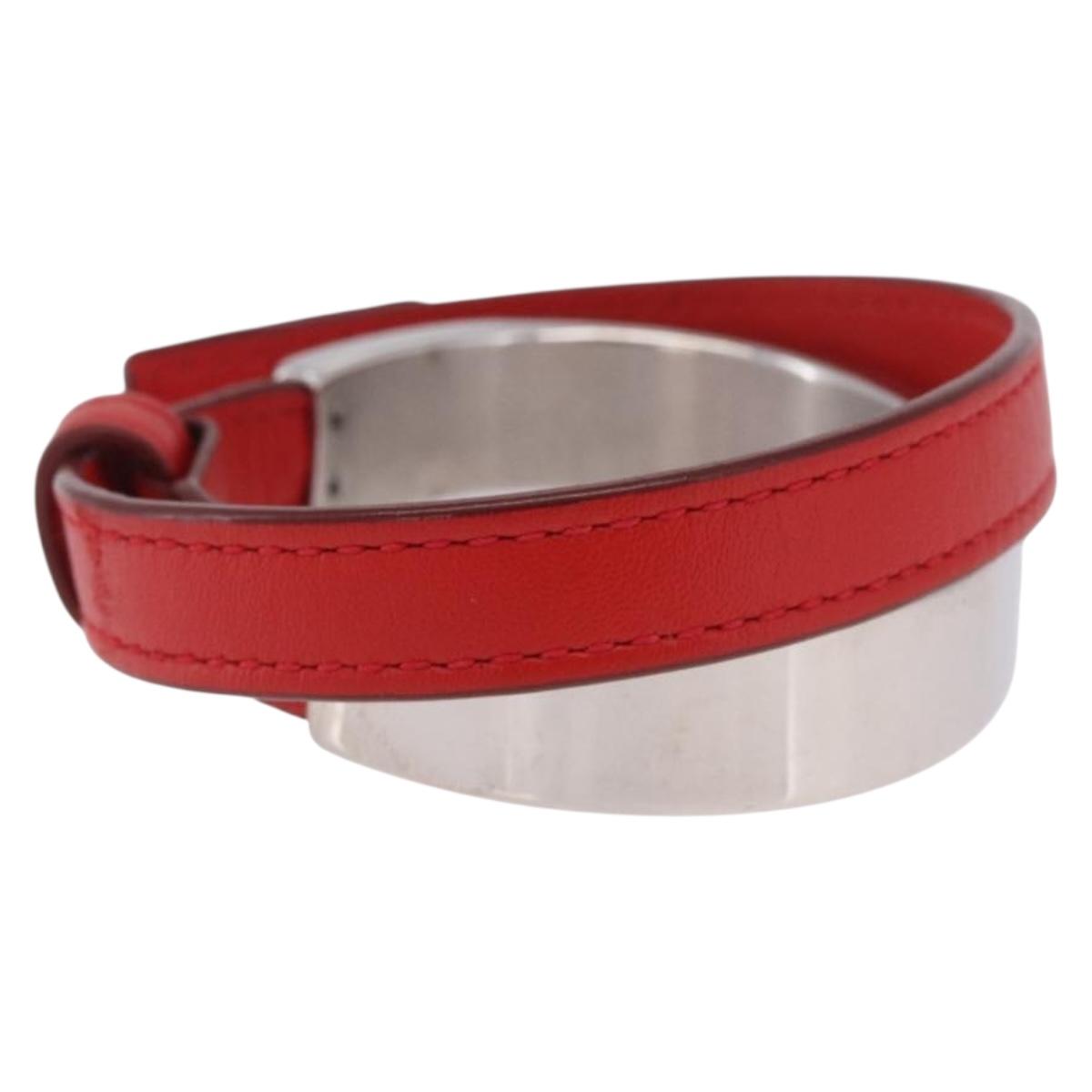 LOEWE Bangle Leather Red Silver Auth 203313A