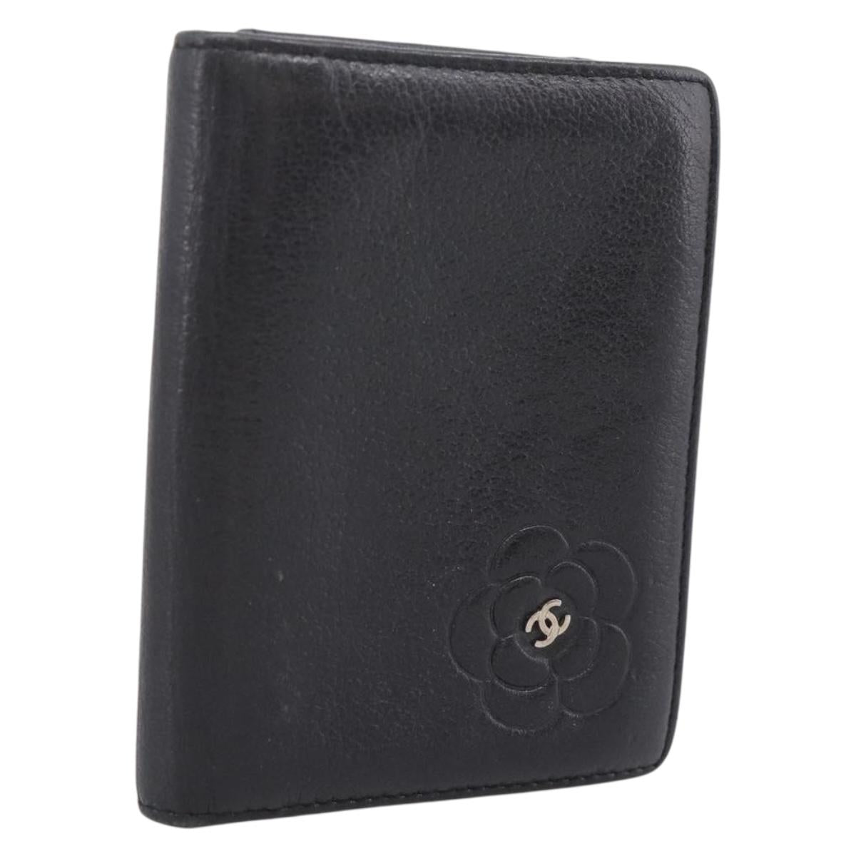 CHANEL Camelia Card Case Calf Skin Black CC Auth 203316A