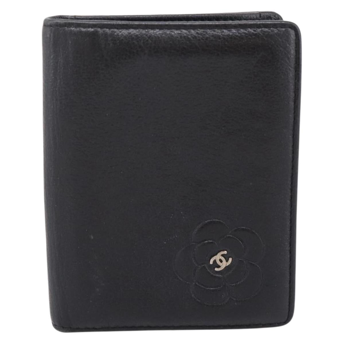 CHANEL Camelia Card Case Calf Skin Black CC Auth 203316A