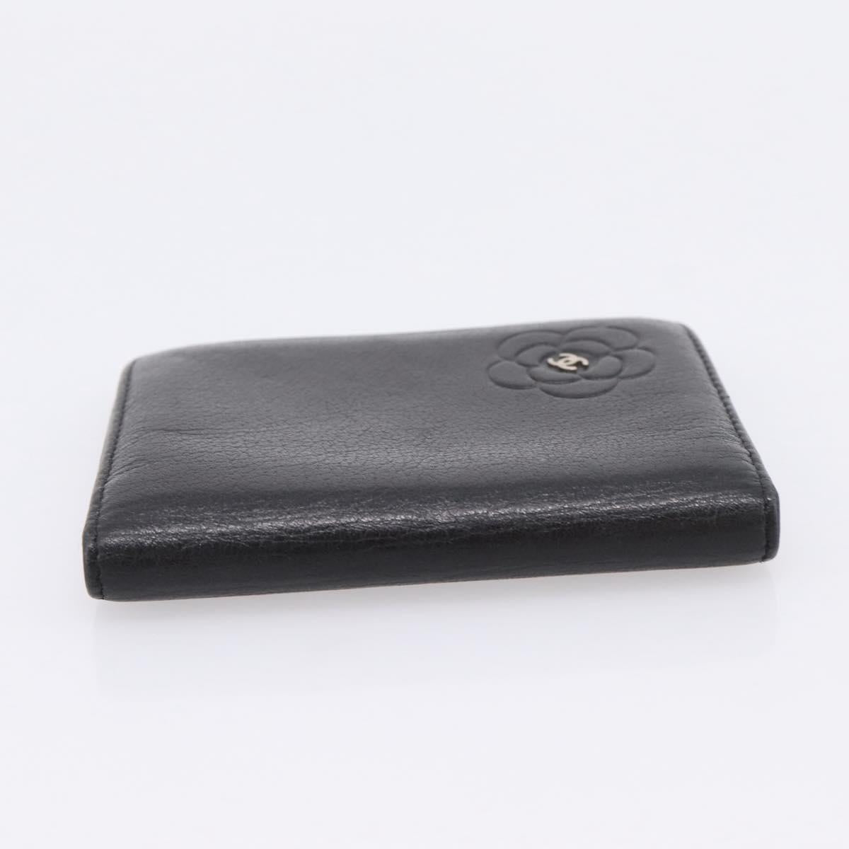 CHANEL Camelia Card Case Calf Skin Black CC Auth 203316A