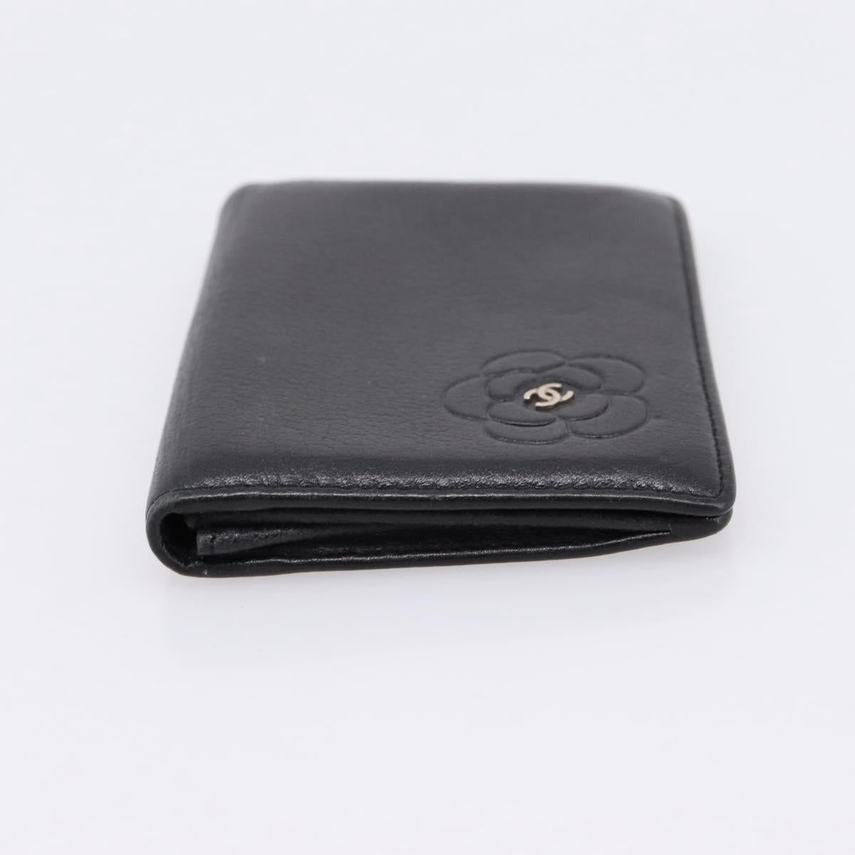 CHANEL Camelia Card Case Calf Skin Black CC Auth 203316A