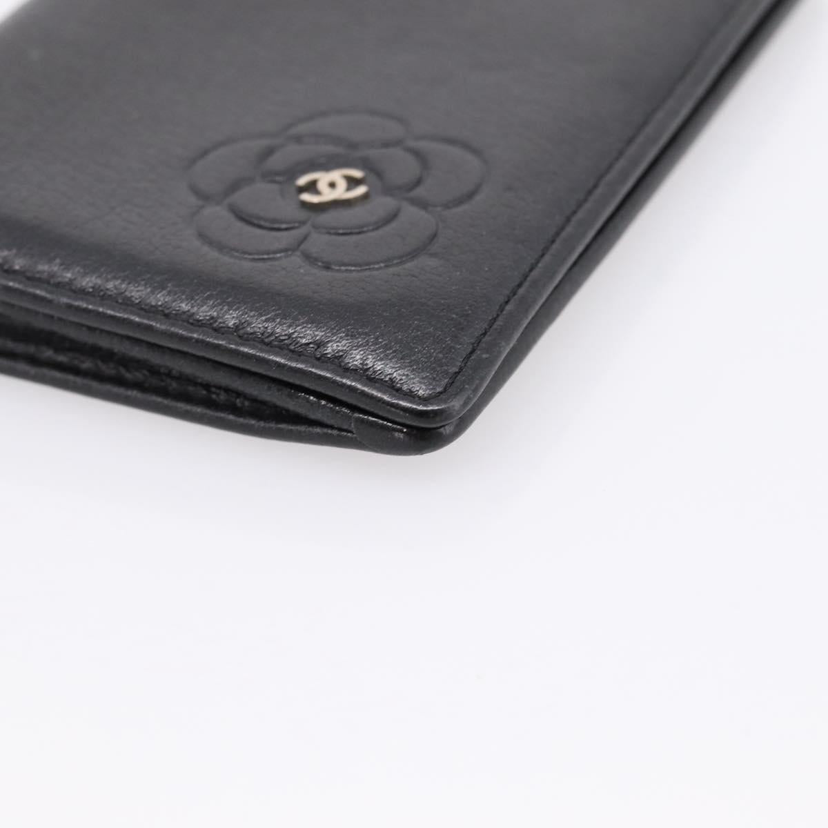 CHANEL Camelia Card Case Calf Skin Black CC Auth 203316A