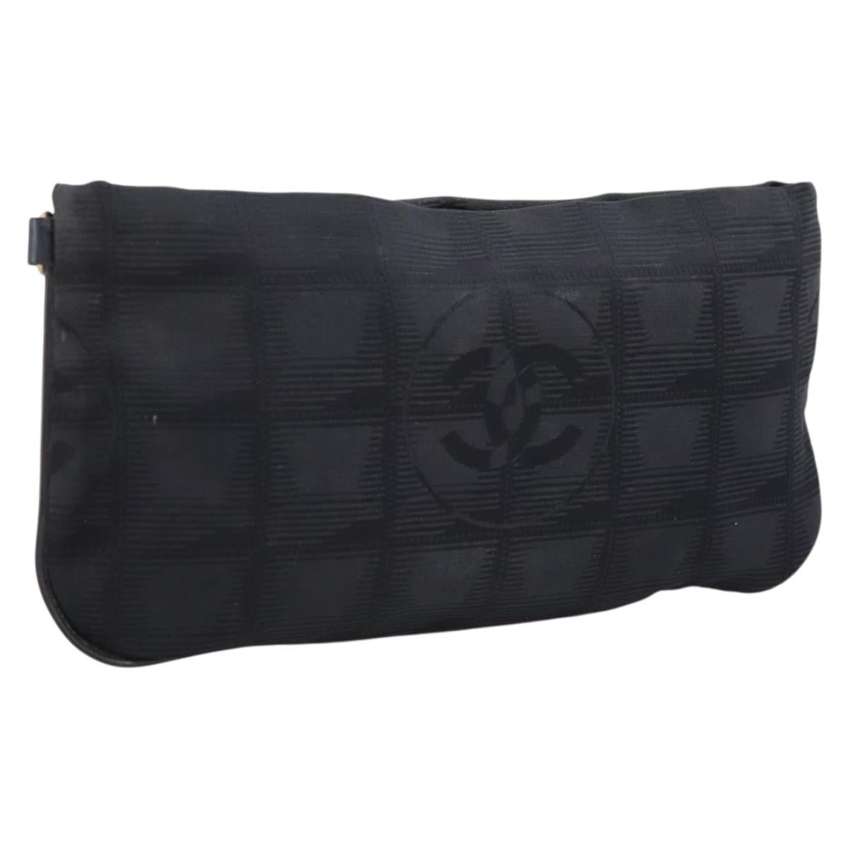 CHANEL New Travel Line Pouch Canvas Black Gold CC Auth 203320