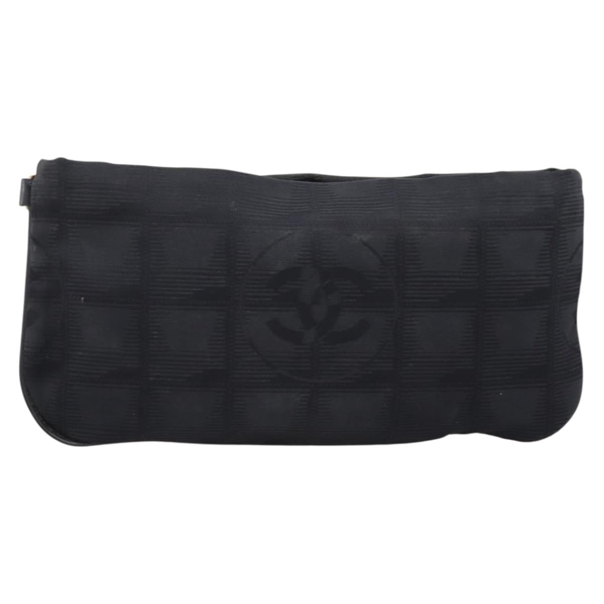 CHANEL New Travel Line Pouch Canvas Black Gold CC Auth 203320