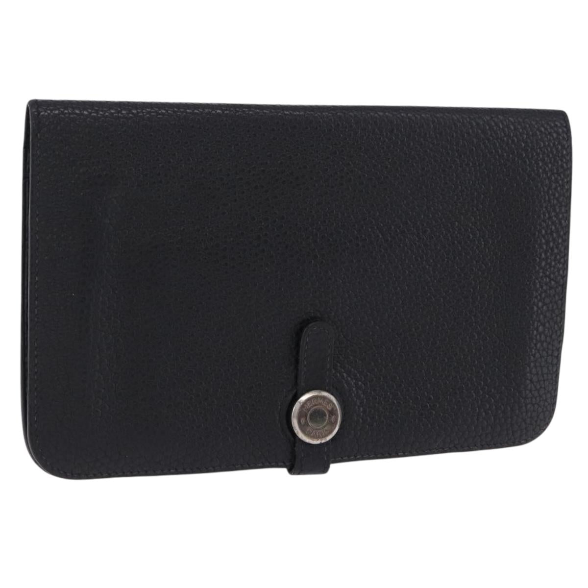HERMES Dogon GM Wallet Leather Black Silver Auth 203322