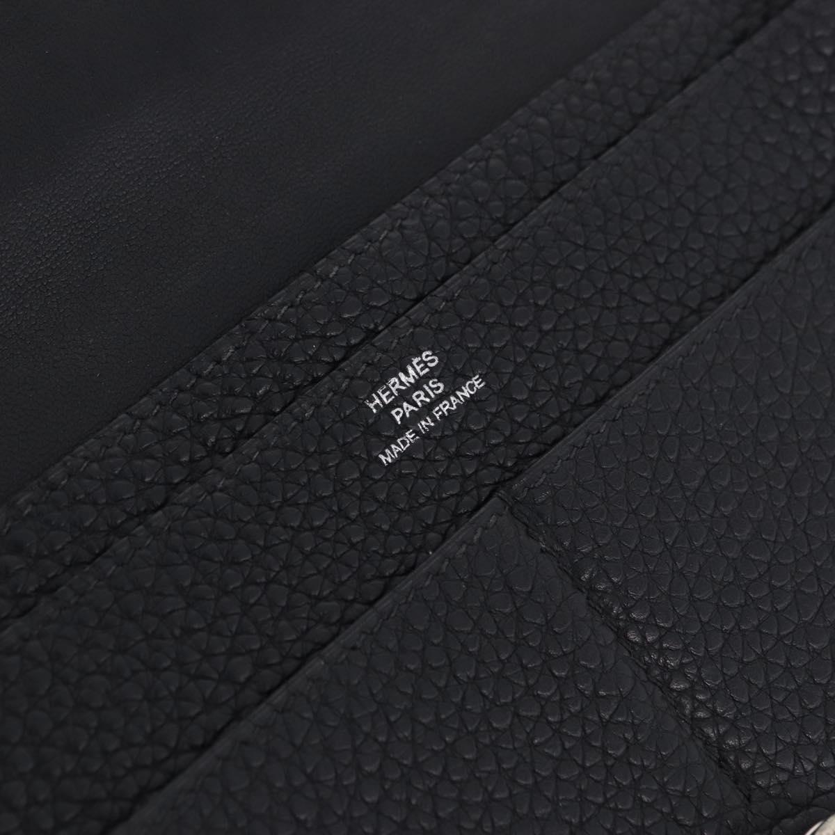 HERMES Dogon GM Wallet Leather Black Silver Auth 203322