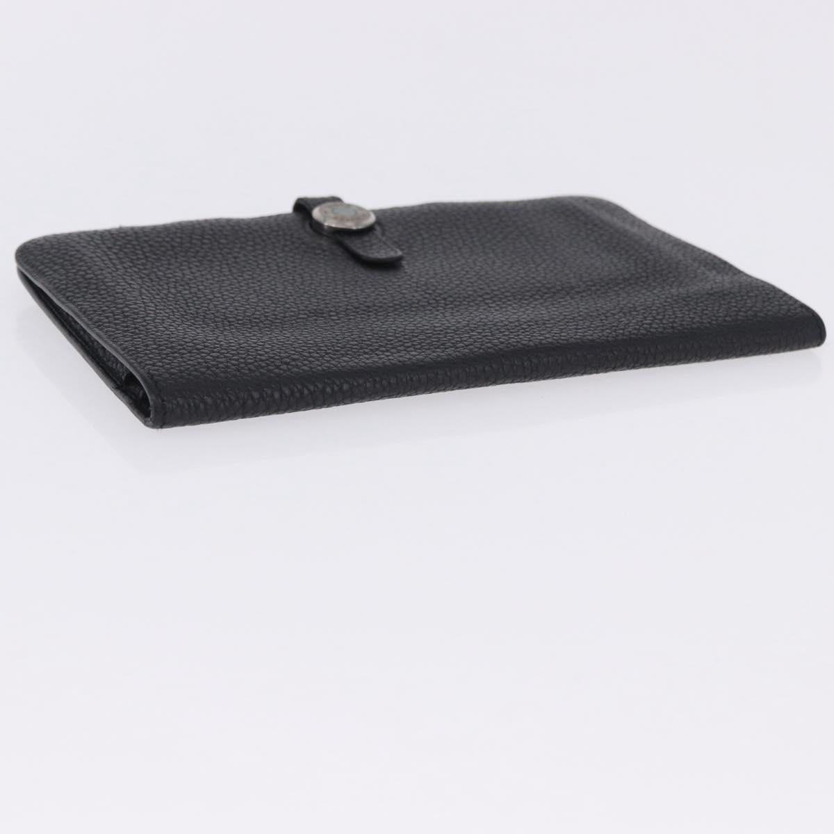 HERMES Dogon GM Wallet Leather Black Silver Auth 203322