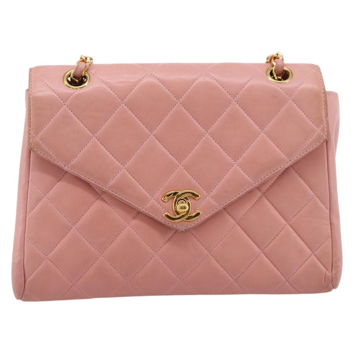 CHANEL Matelasse Chain Shoulder Bag Lamb Skin Pink Gold CC Auth 203333V