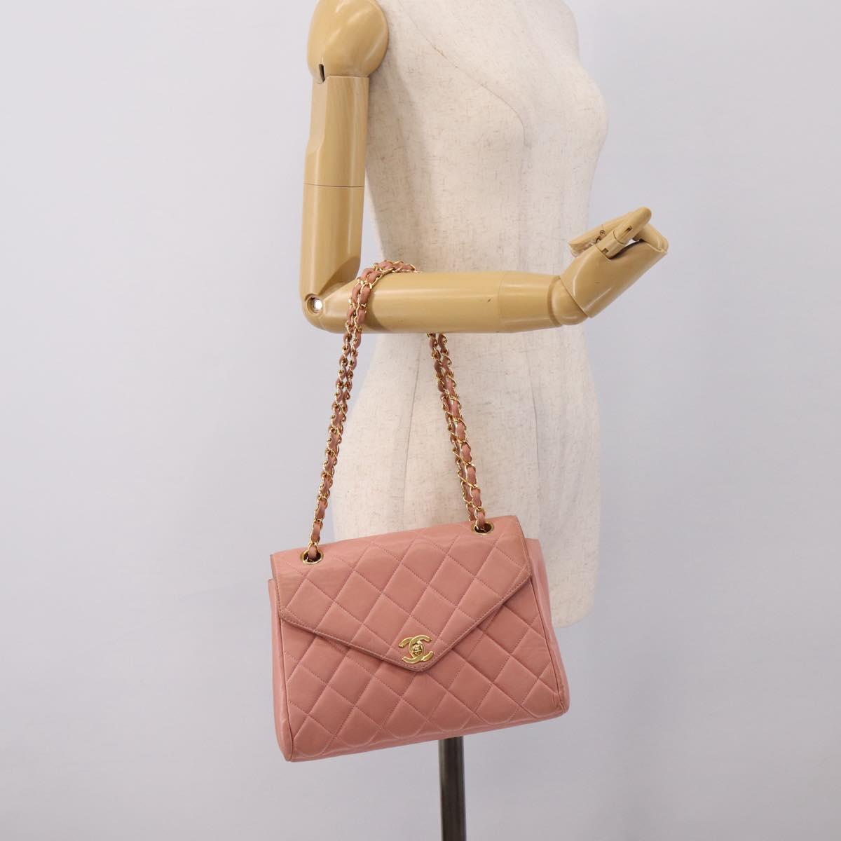 CHANEL Matelasse Chain Shoulder Bag Lamb Skin Pink Gold CC Auth 203333V