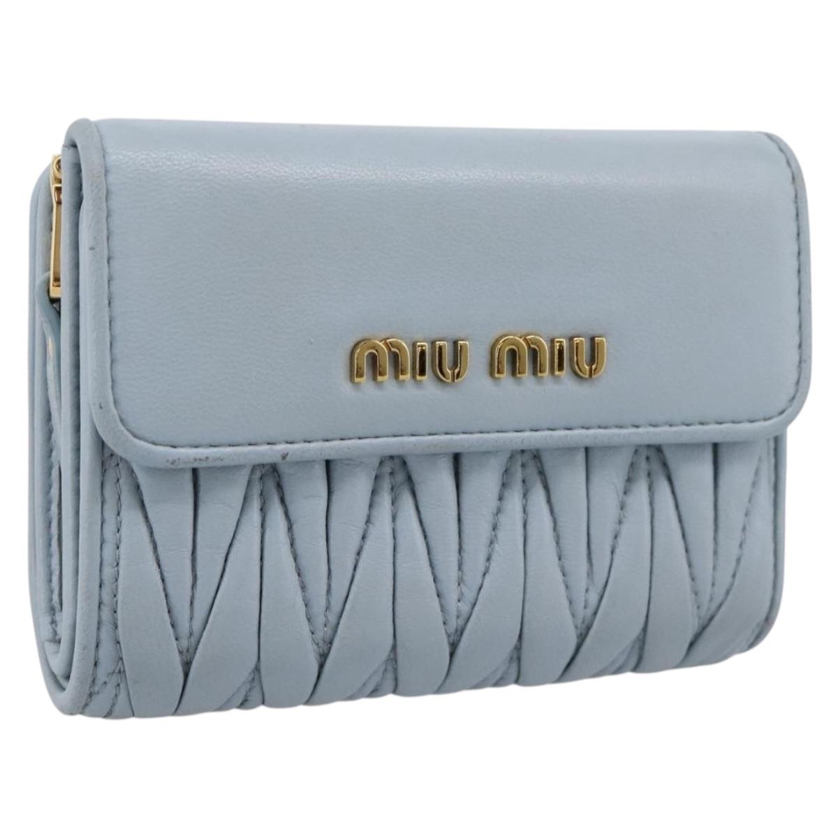 Miu Miu Matelasse Bifold Wallet Leather Light Blue Gold Auth 203339M