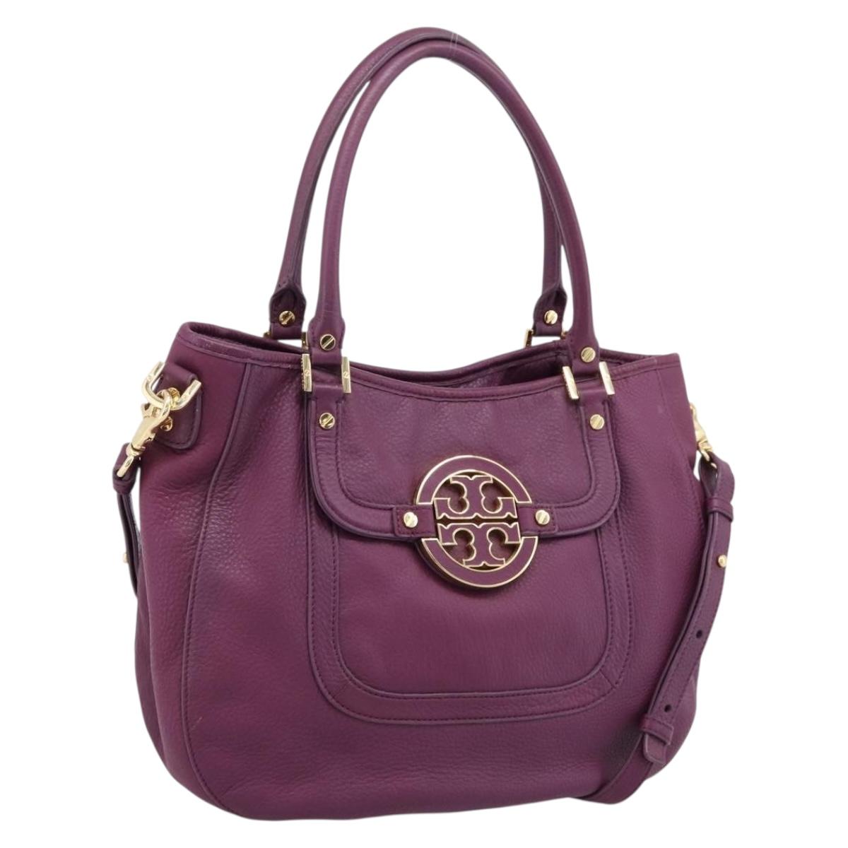 TORY BURCH Hand Bag Leather 2way Purple Gold Tone Auth 203348A