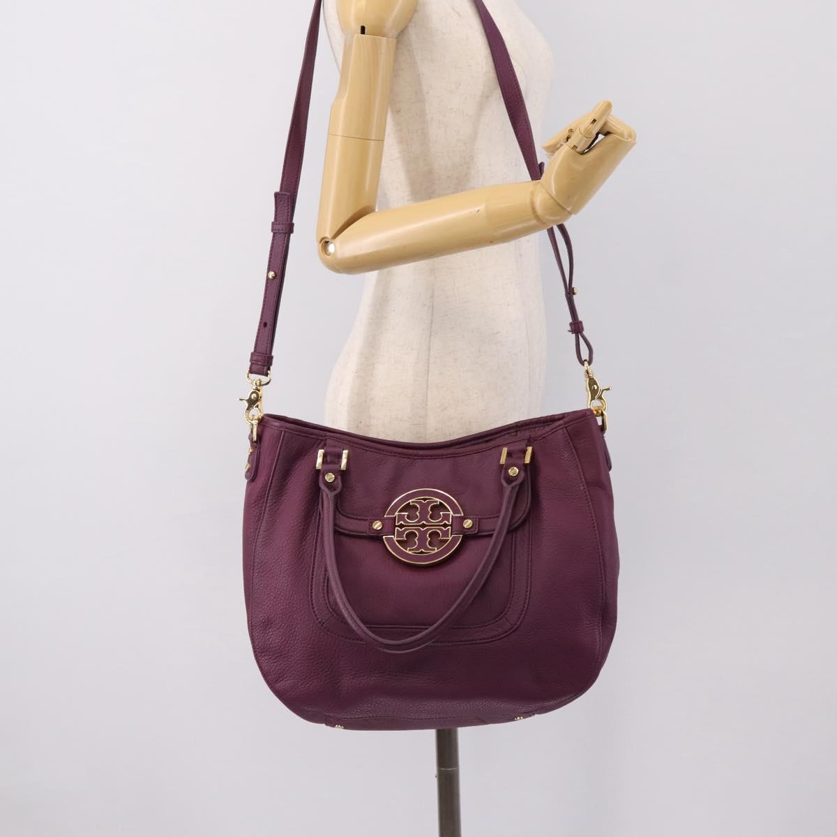 TORY BURCH Hand Bag Leather 2way Purple Gold Tone Auth 203348A