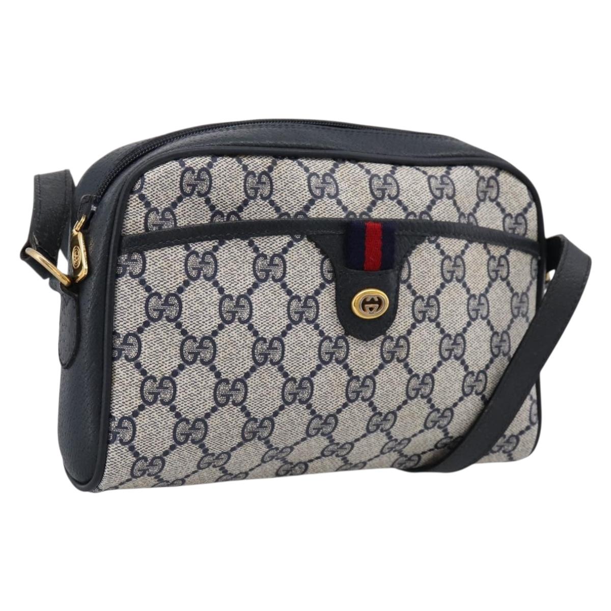GUCCI GG Supreme Sherry Line Shoulder Bag PVC Navy Gold 116 02 089 Auth 203358