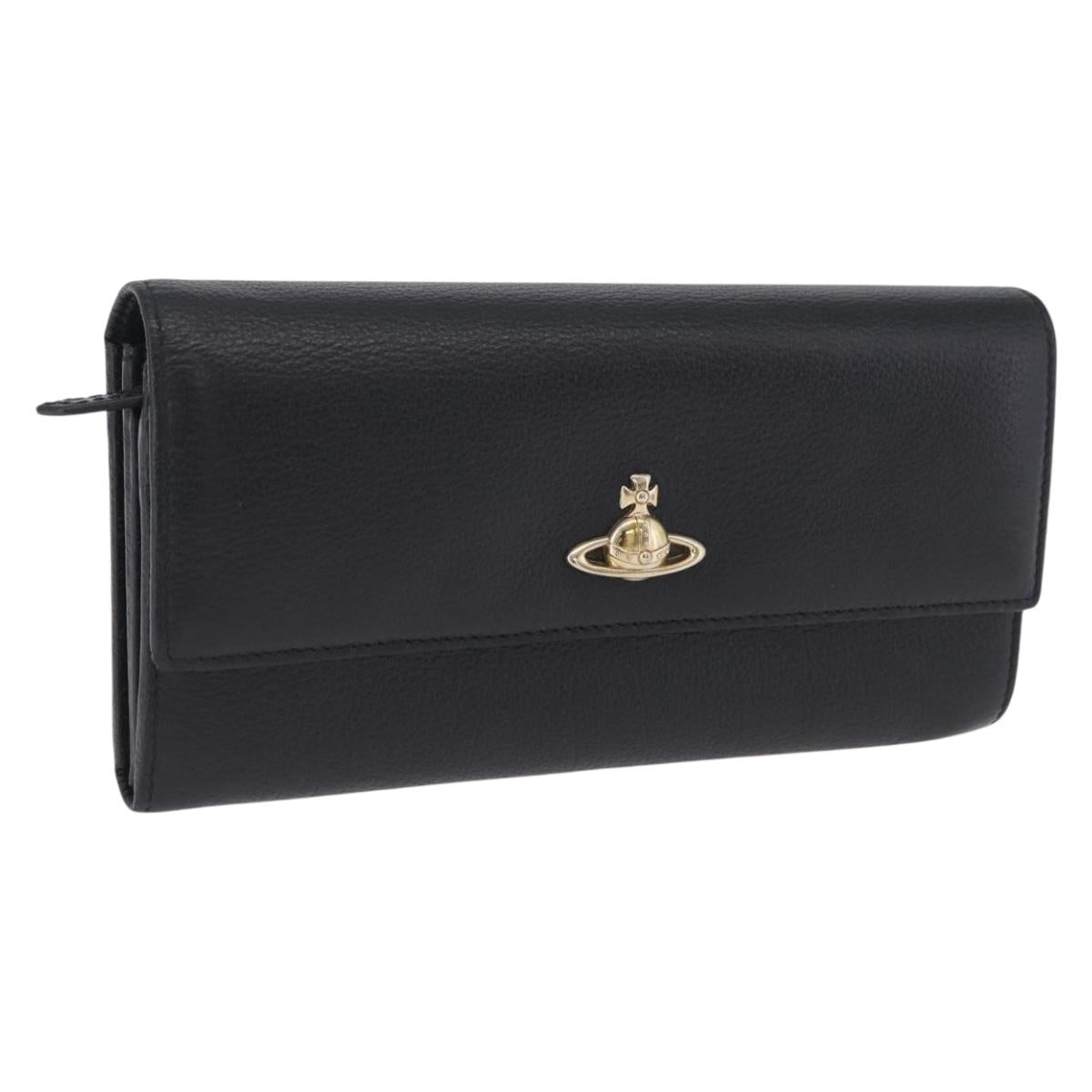 Vivienne Westwood Long Wallet Leather Black Gold Tone Auth 203366A