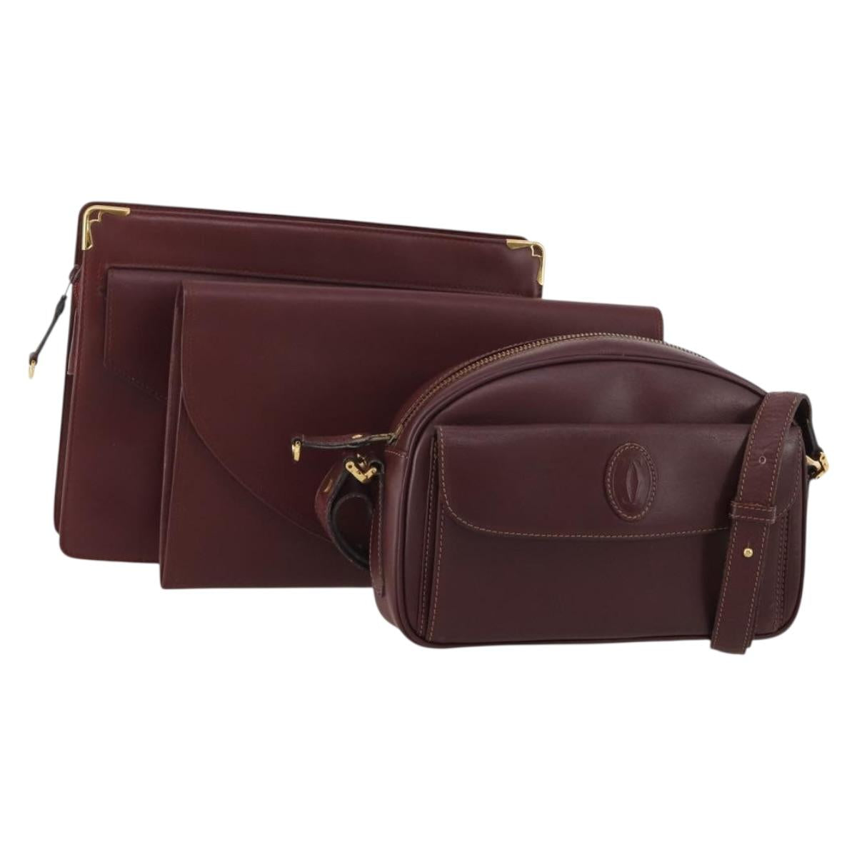 CARTIER Must Line Shoulder Bag Leather 3 Set Bordeaux Gold Auth 203375