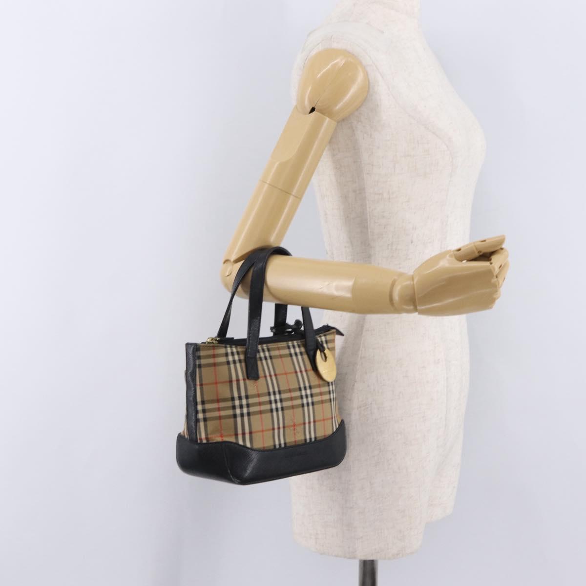 BURBERRY Nova Check Hand Bag Canvas Beige Gold Auth 203383A