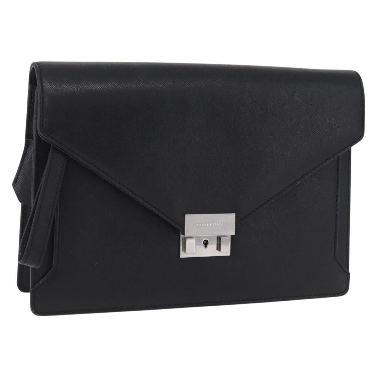 BURBERRY Clutch Bag Leather Black Silver Auth 203385