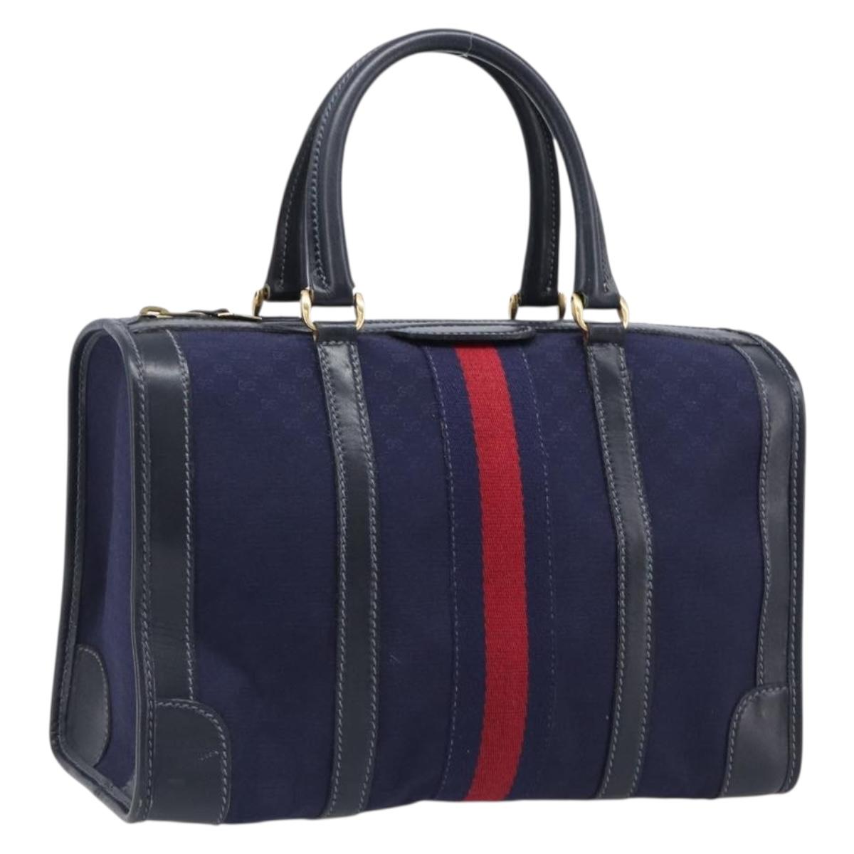 GUCCI Micro GG Canvas Sherry Line Boston Bag Navy Gold Auth 203400A