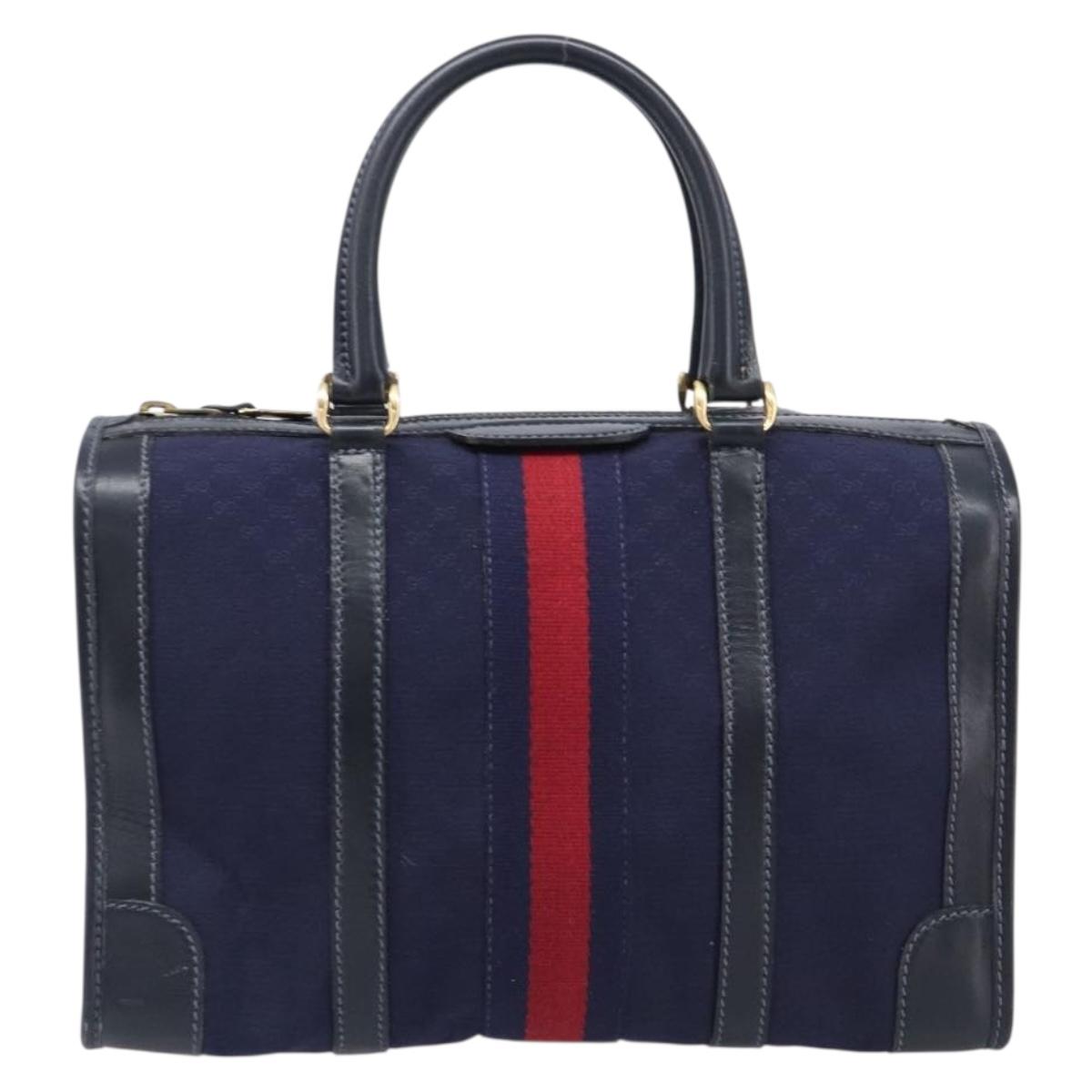 GUCCI Micro GG Canvas Sherry Line Boston Bag Navy Gold Auth 203400A