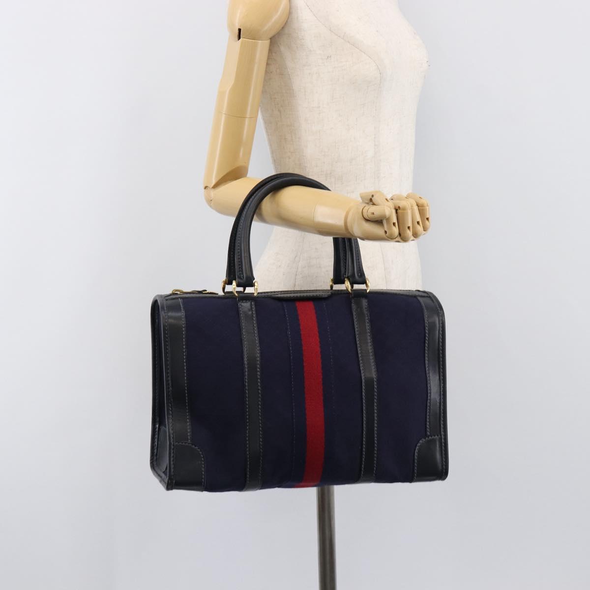 GUCCI Micro GG Canvas Sherry Line Boston Bag Navy Gold Auth 203400A