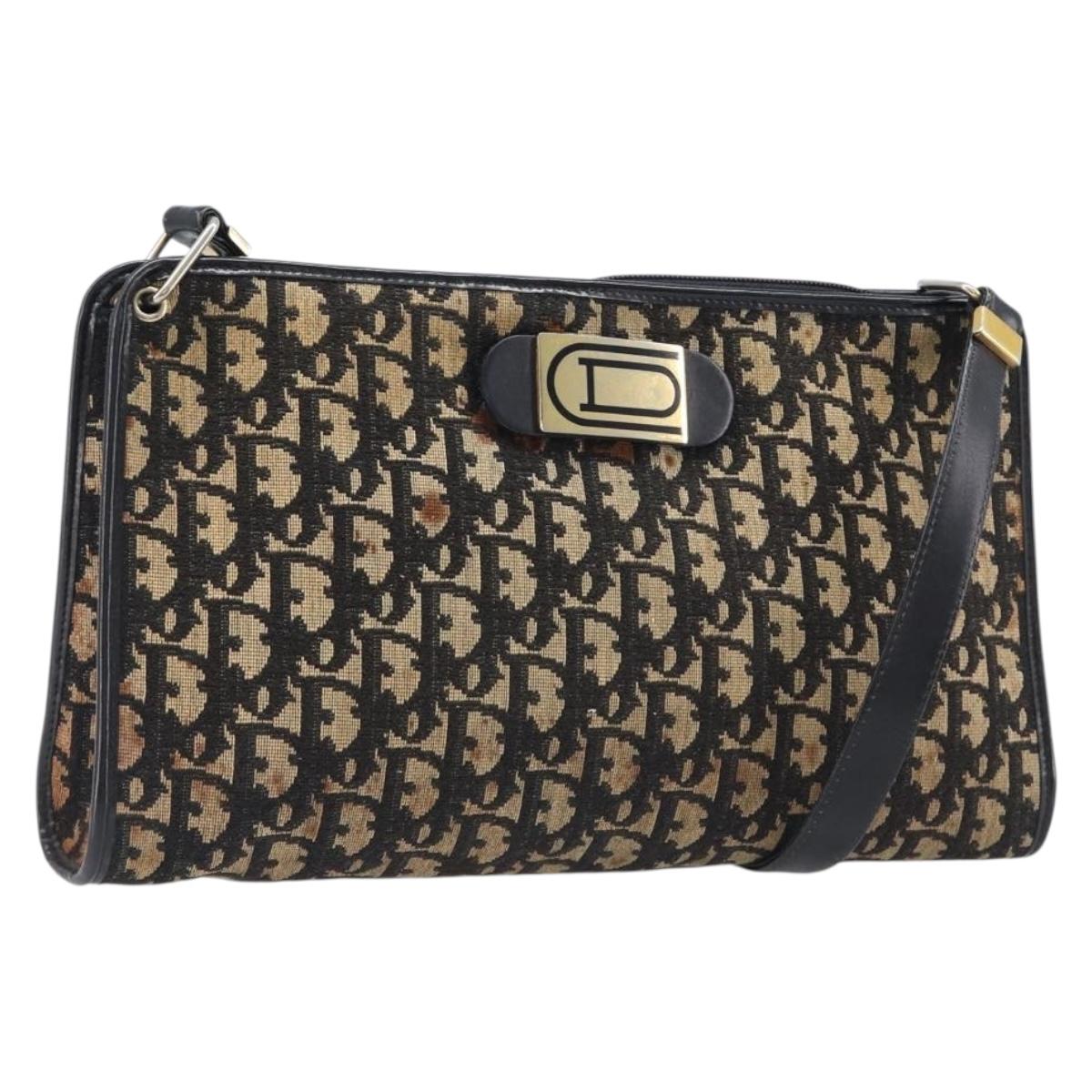 Christian Dior Trotter Canvas Shoulder Bag Navy Gold Auth 203401