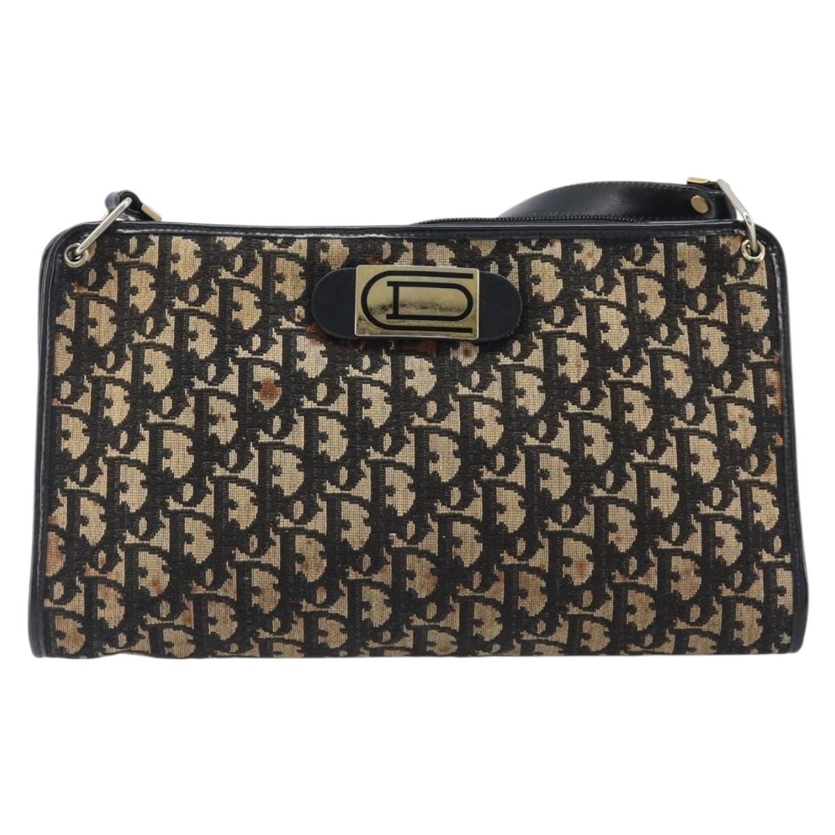 Christian Dior Trotter Canvas Shoulder Bag Navy Gold Auth 203401