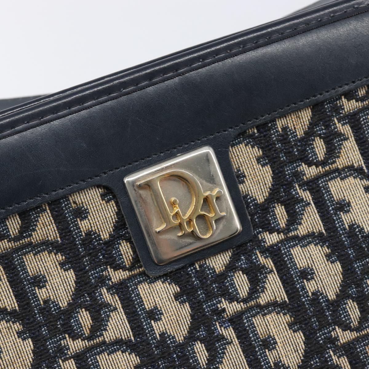 Christian Dior Trotter Canvas Shoulder Bag Navy Gold Auth 203402