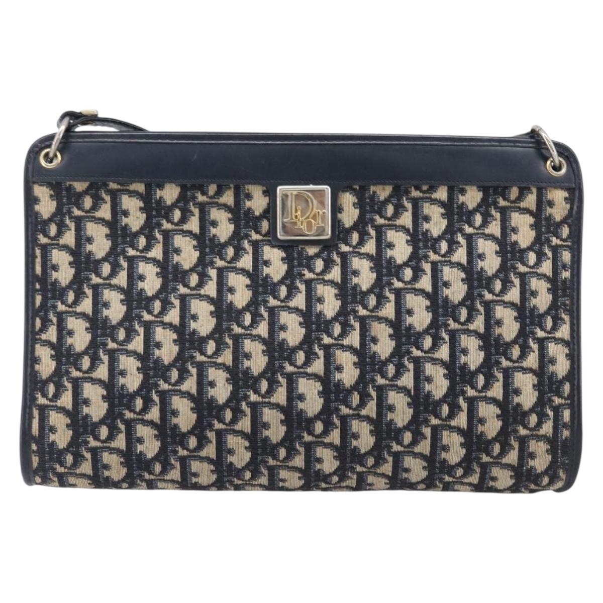 Christian Dior Trotter Canvas Shoulder Bag Navy Gold Auth 203402