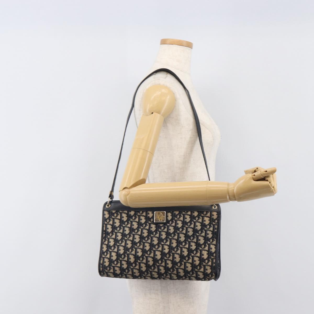 Christian Dior Trotter Canvas Shoulder Bag Navy Gold Auth 203402