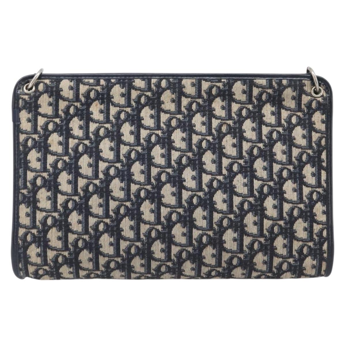 Christian Dior Trotter Canvas Shoulder Bag Navy Gold Auth 203402