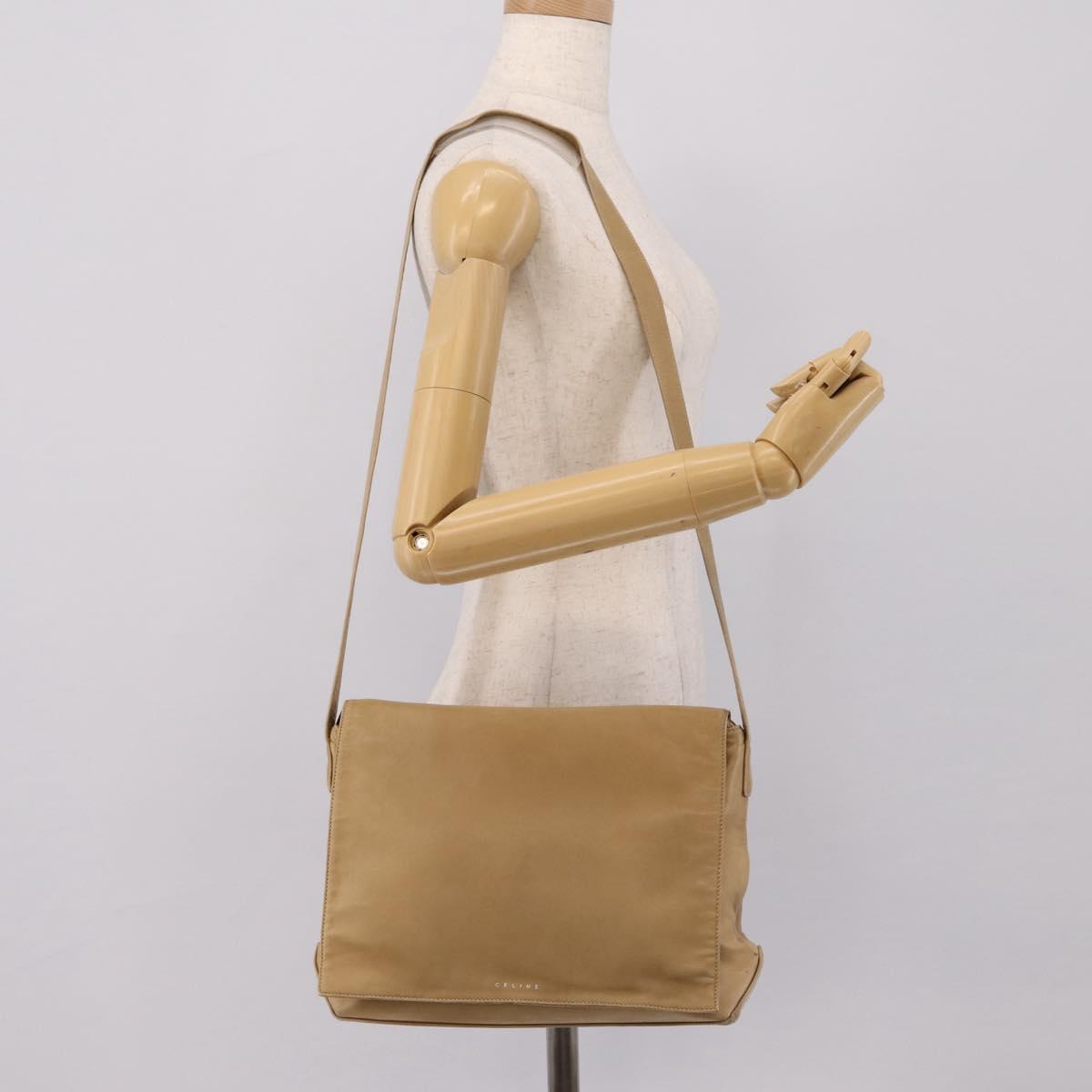 CELINE Shoulder Bag Leather Beige Silver Auth 203421