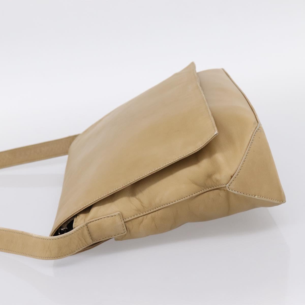 CELINE Shoulder Bag Leather Beige Silver Auth 203421