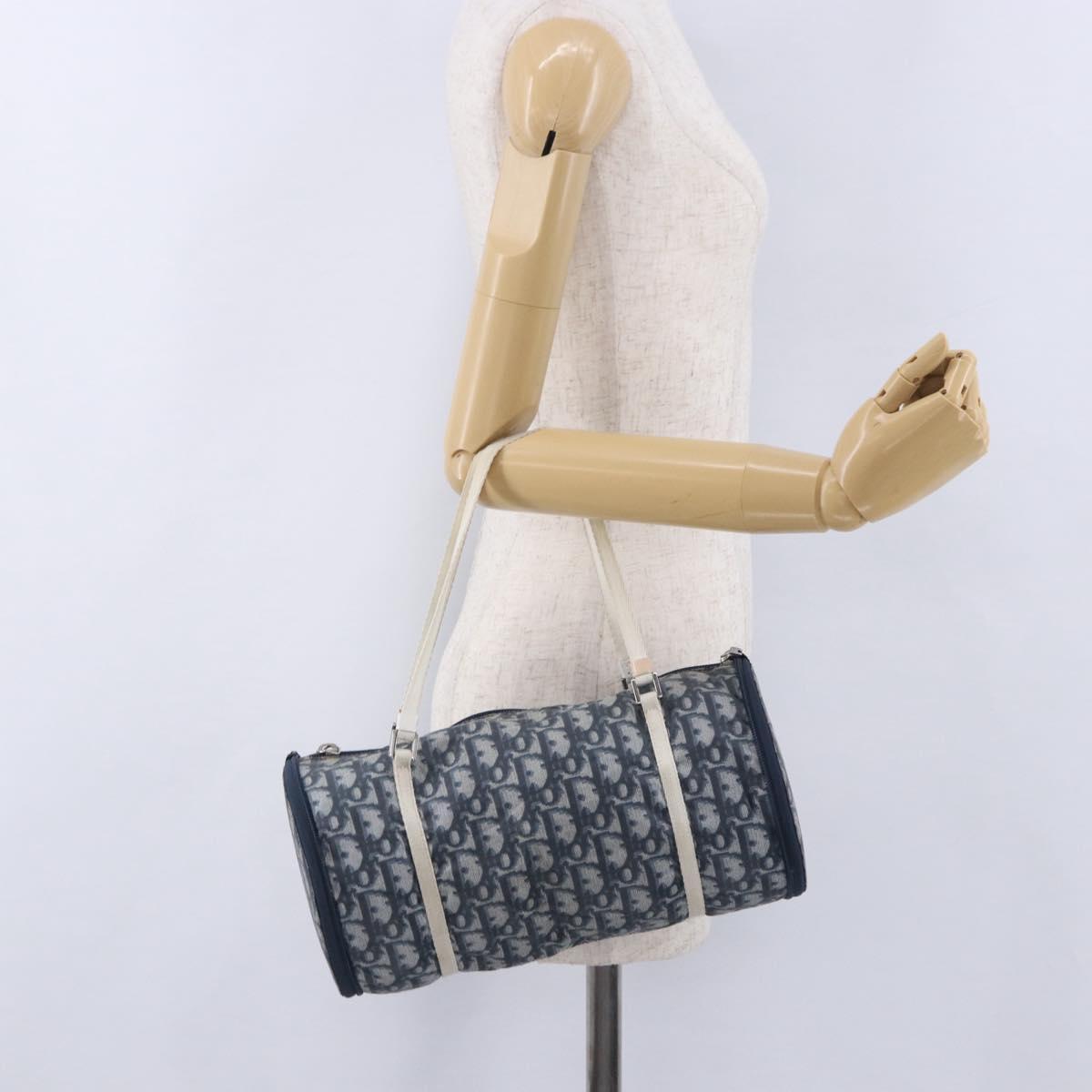 Christian Dior Trotter Canvas Boston Bag Nylon Navy Silver Auth 203434