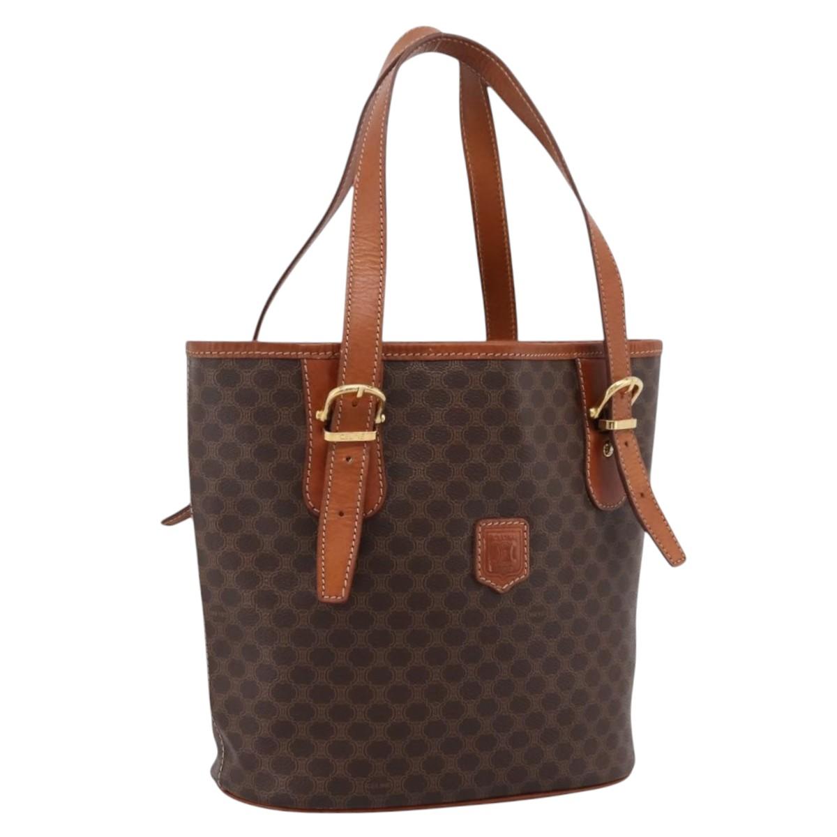 CELINE Macadam Canvas Tote Bag PVC Leather Brown Gold Auth 203435A