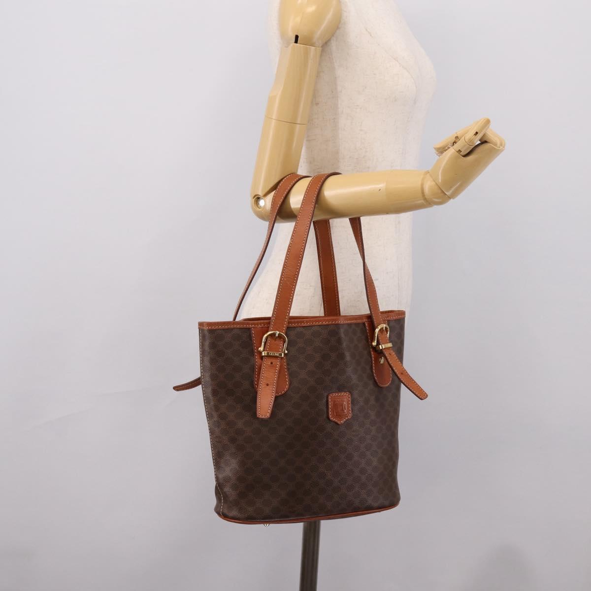 CELINE Macadam Canvas Tote Bag PVC Leather Brown Gold Auth 203435A