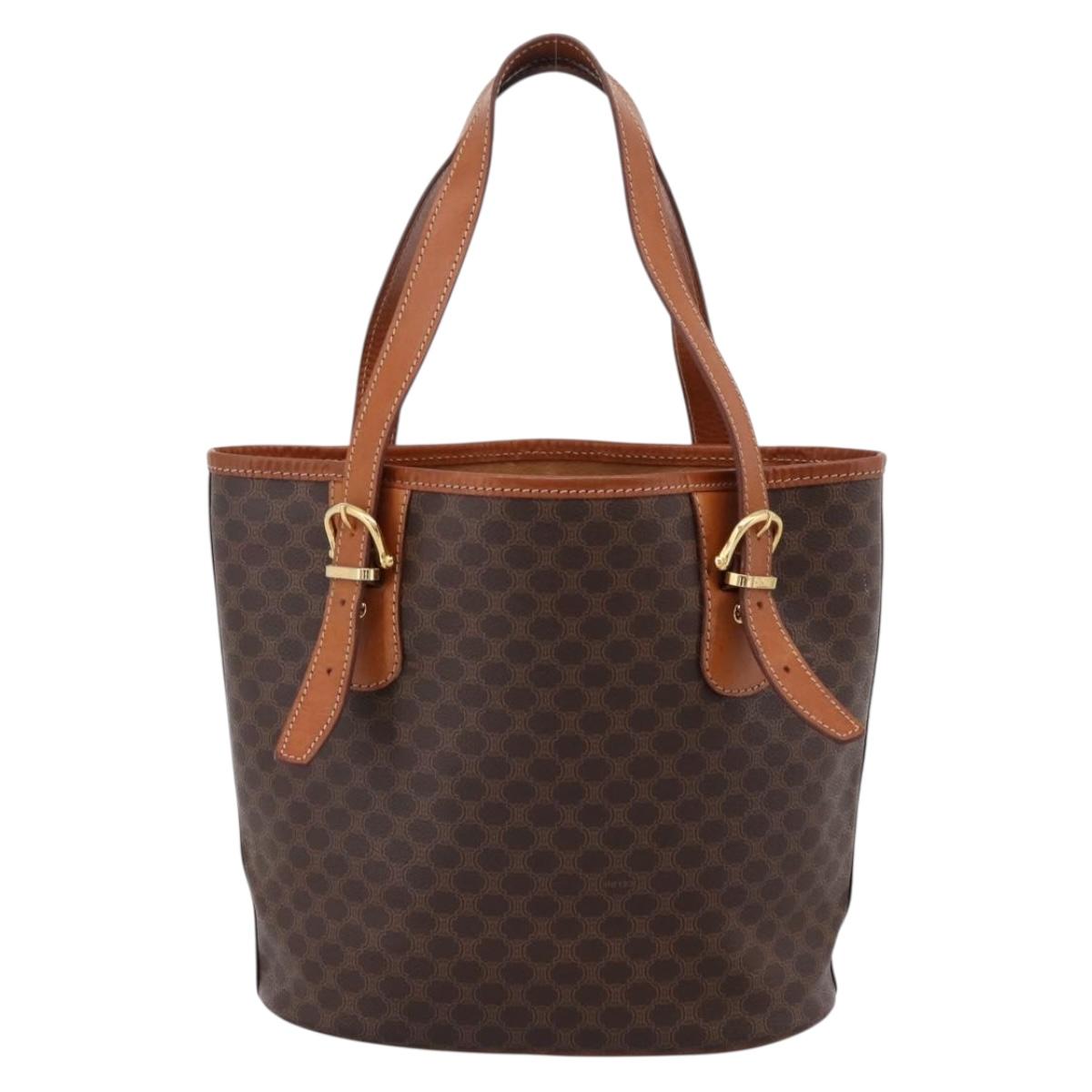 CELINE Macadam Canvas Tote Bag PVC Leather Brown Gold Auth 203435A