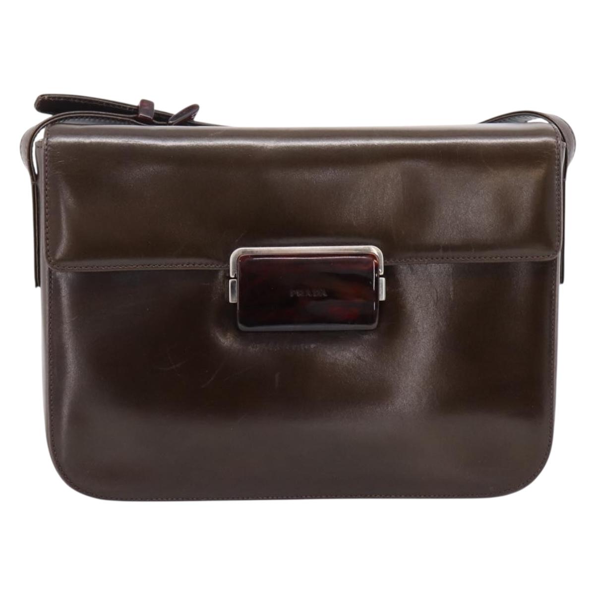 PRADA Shoulder Bag Leather Brown Silver Auth 203436A