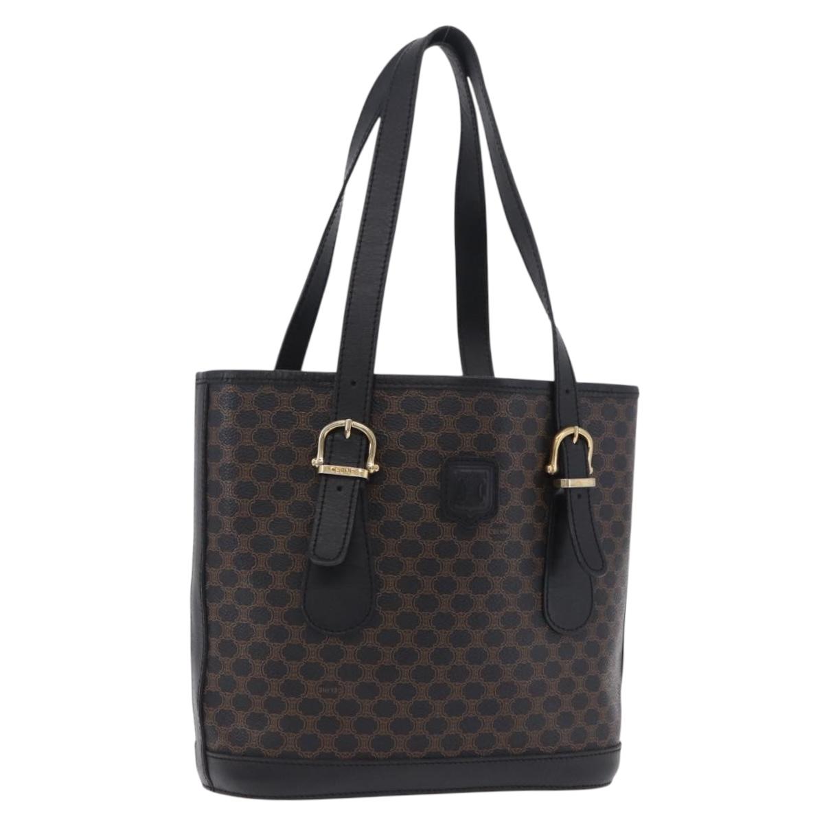 CELINE Macadam Canvas Tote Bag PVC Leather Black Gold Auth 203439V