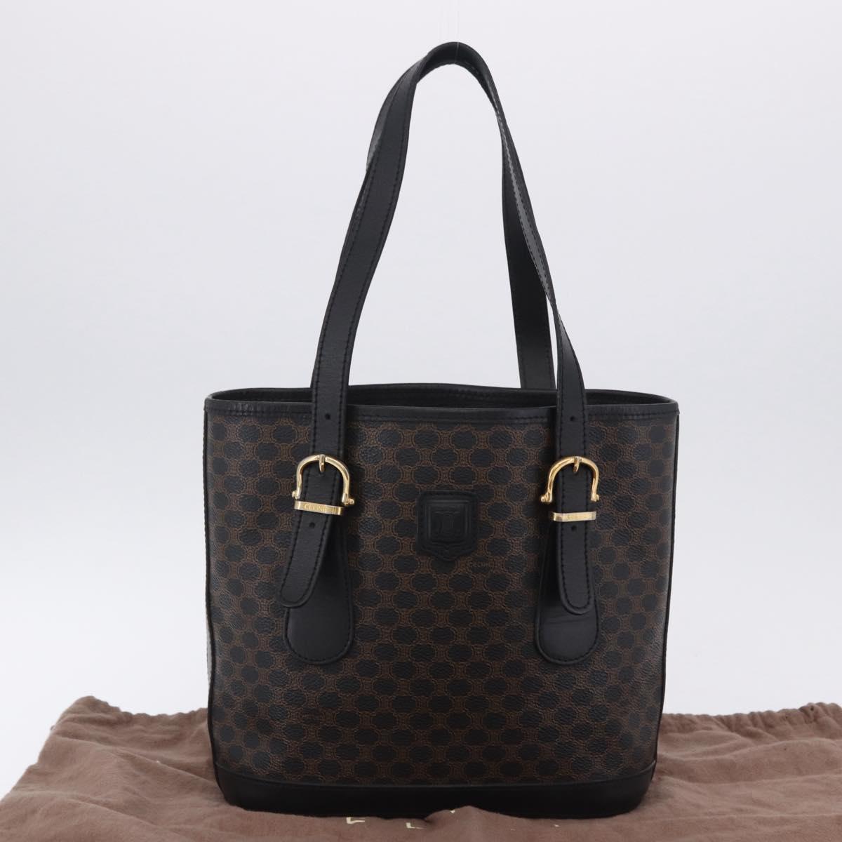 CELINE Macadam Canvas Tote Bag PVC Leather Black Gold Auth 203439V