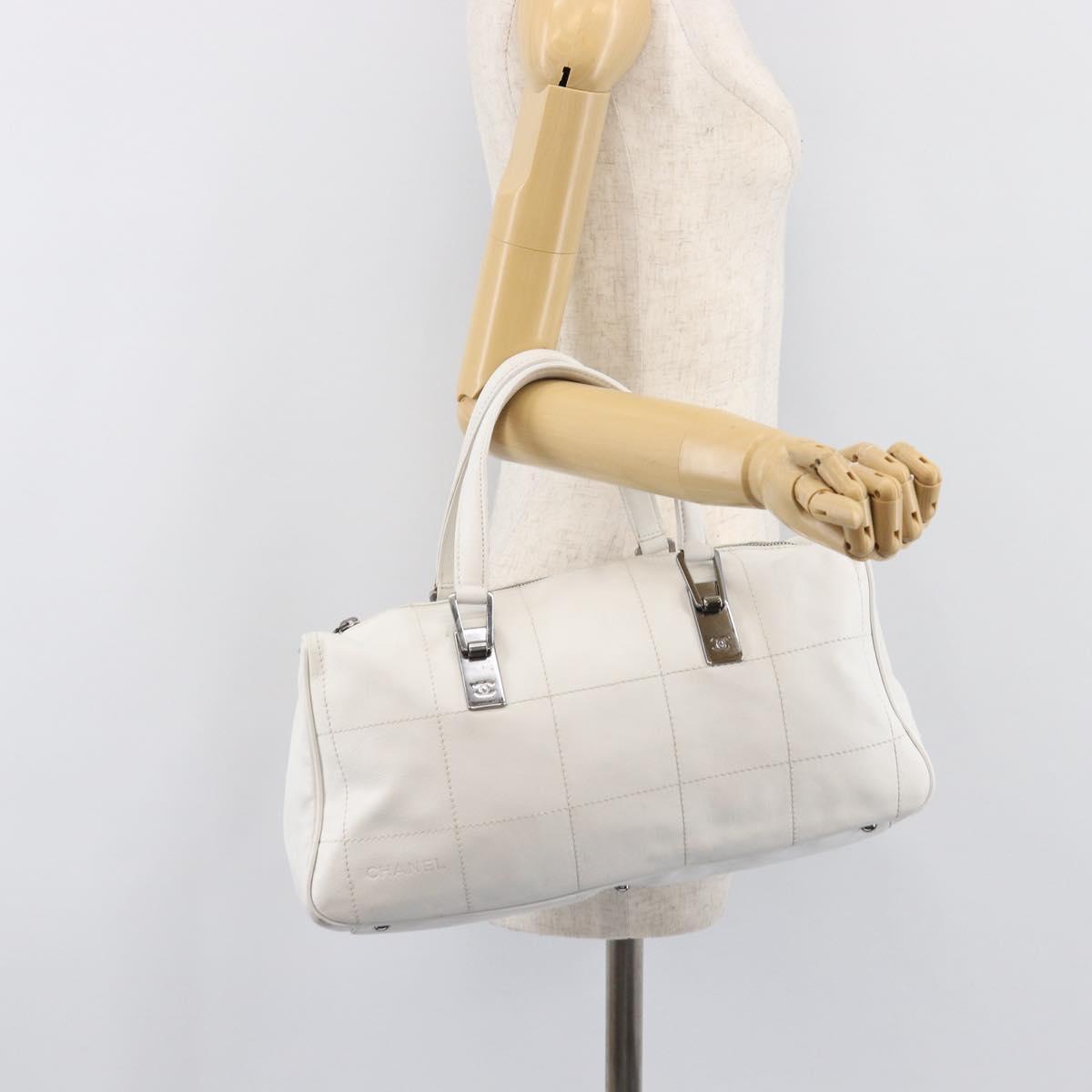 CHANEL Choco Bar Boston Bag Leather White Silver CC Auth 203440V