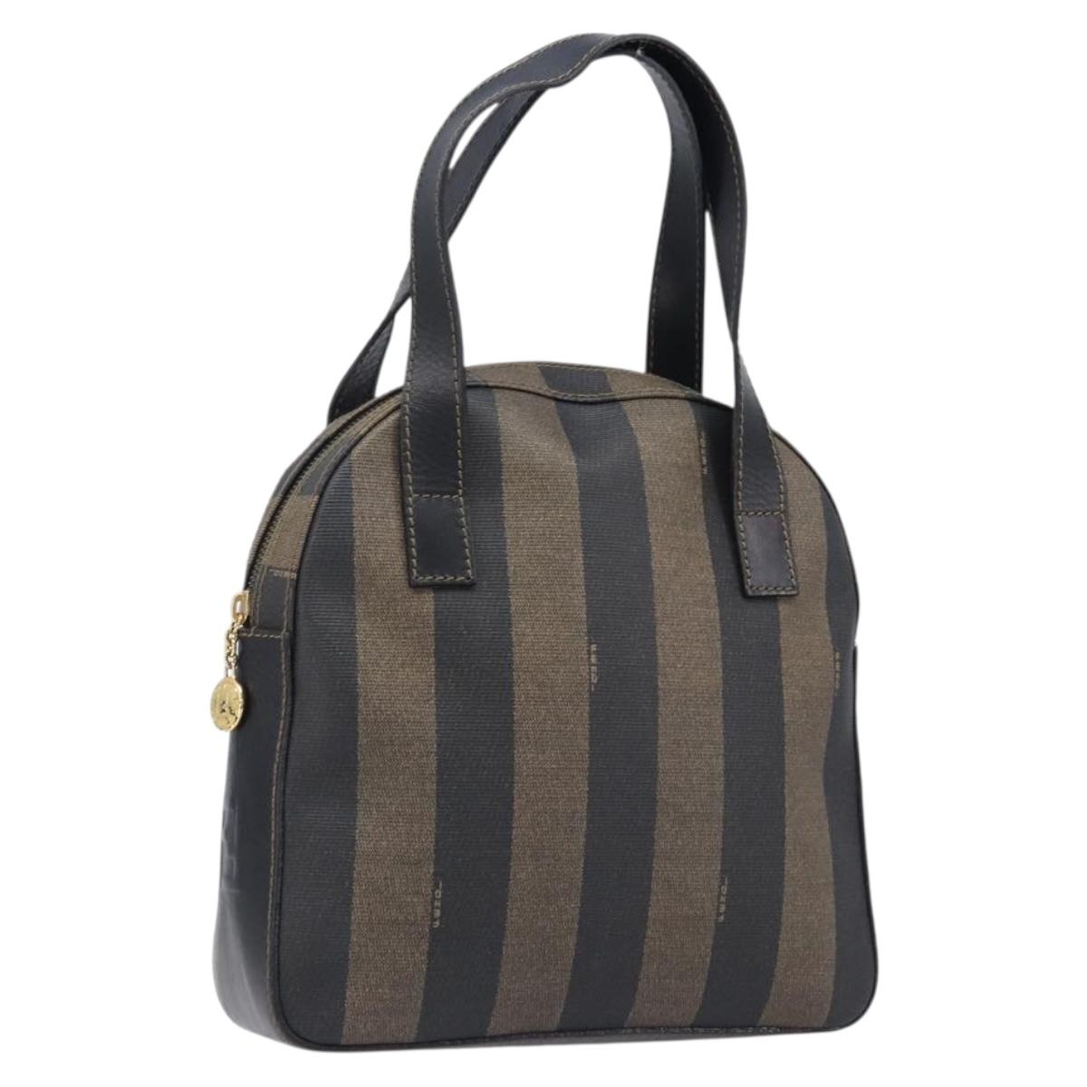 FENDI Pecan Canvas Hand Bag PVC Brown Black Auth 203448
