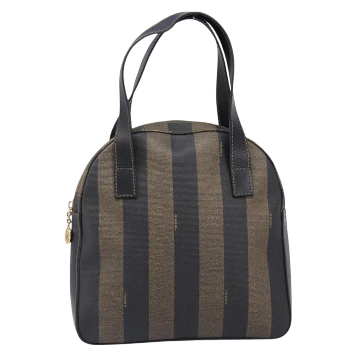 FENDI Pecan Canvas Hand Bag PVC Brown Black Auth 203448