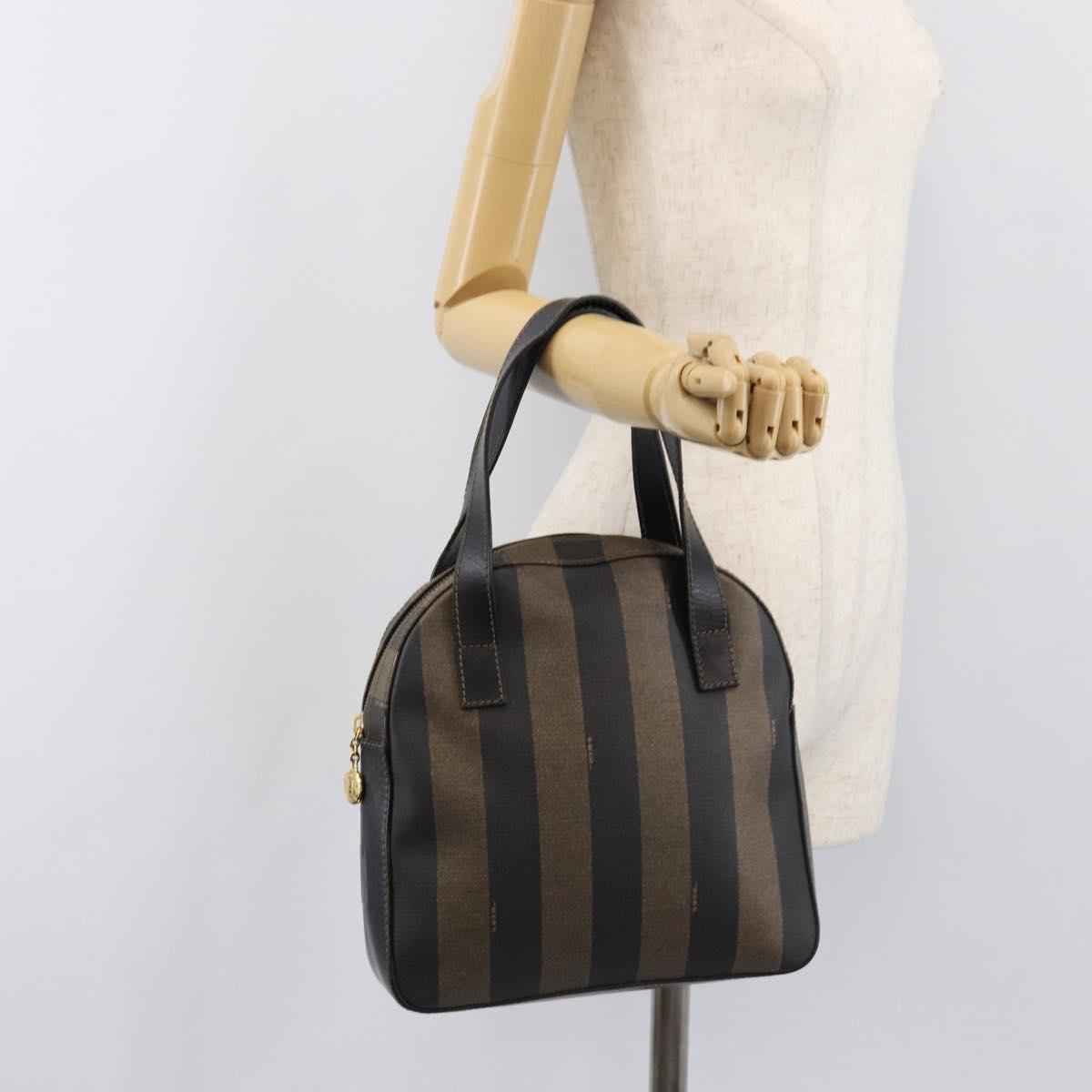 FENDI Pecan Canvas Hand Bag PVC Brown Black Auth 203448