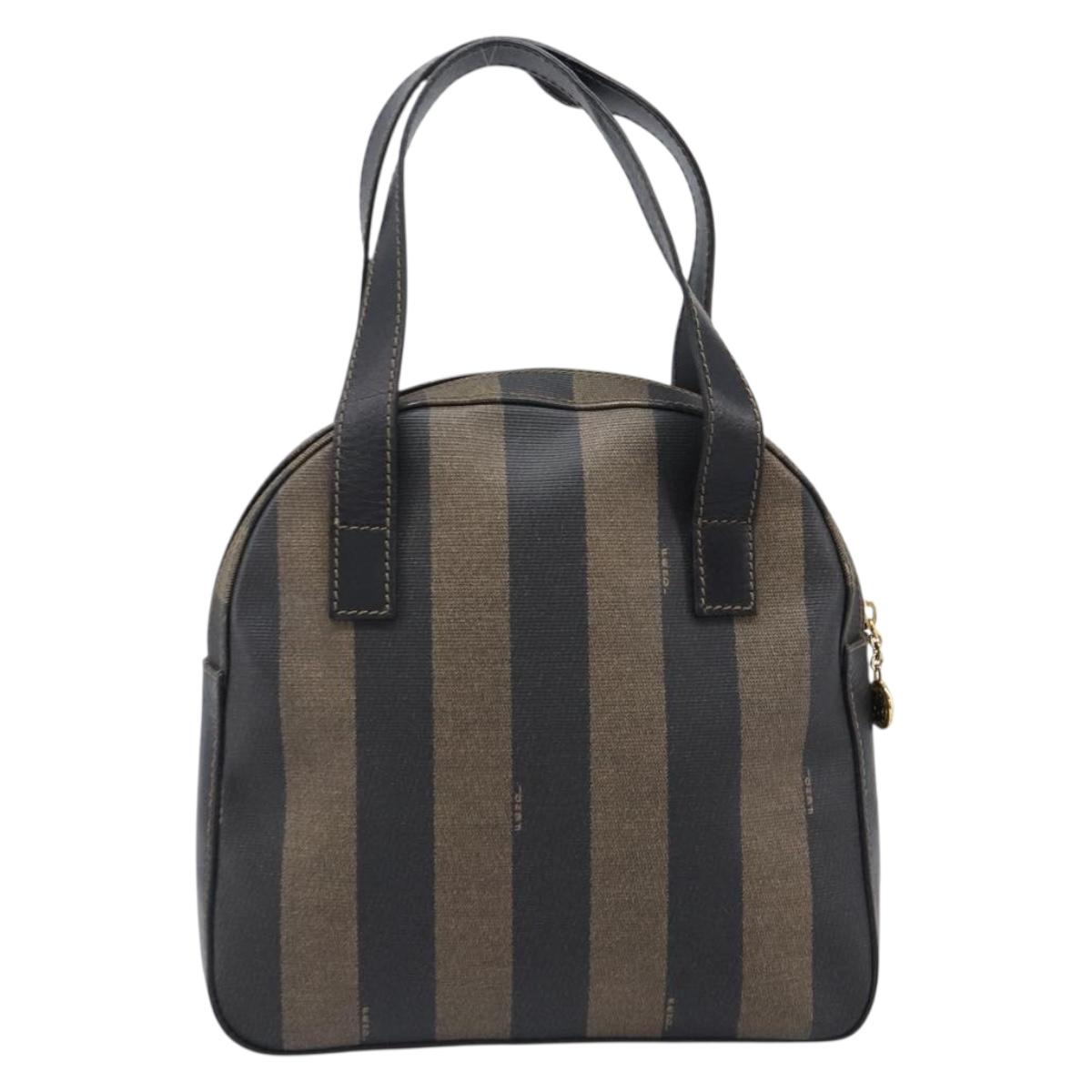 FENDI Pecan Canvas Hand Bag PVC Brown Black Auth 203448