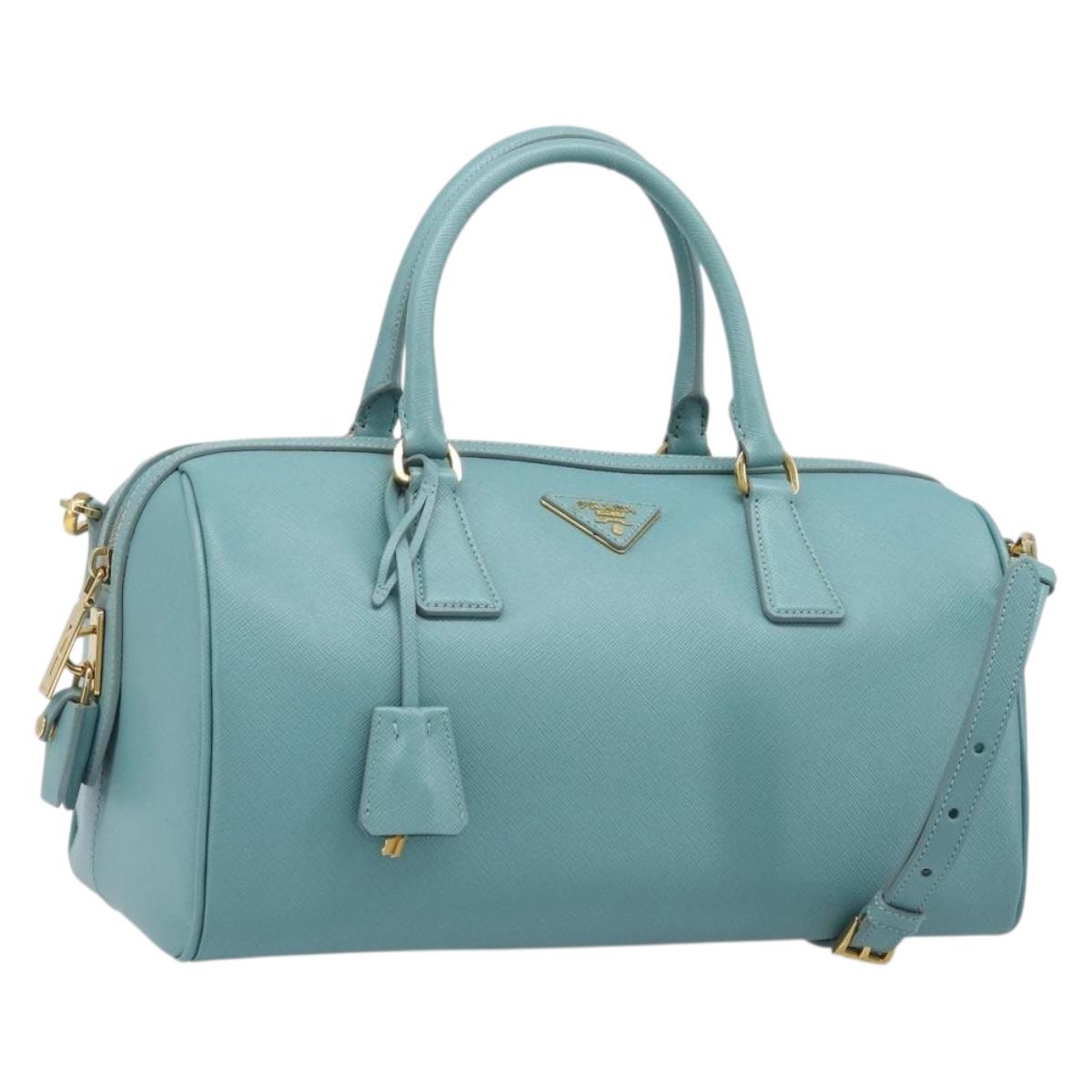 PRADA Boston Bag Saffiano leather 2way Light Blue Gold Auth 203450M