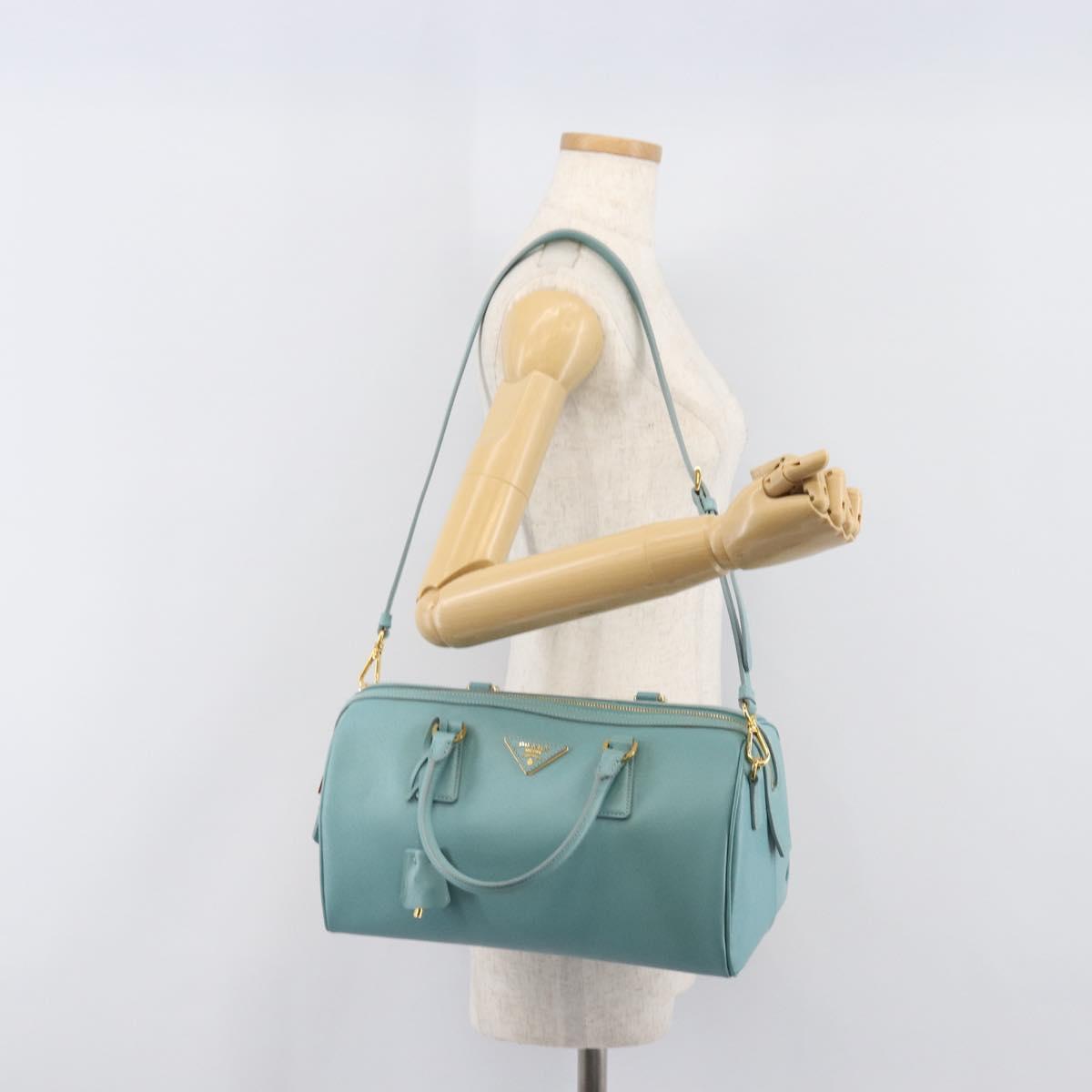 PRADA Boston Bag Saffiano leather 2way Light Blue Gold Auth 203450M