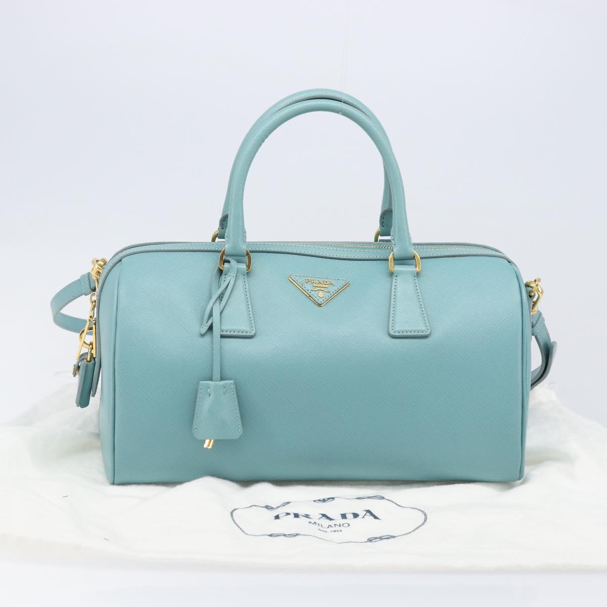 PRADA Boston Bag Saffiano leather 2way Light Blue Gold Auth 203450M